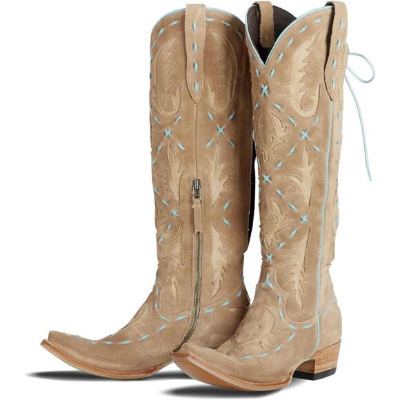 Shoes - Women's Back Lace Chunky Heel Western Side Zipper Embroidered Brown Boots